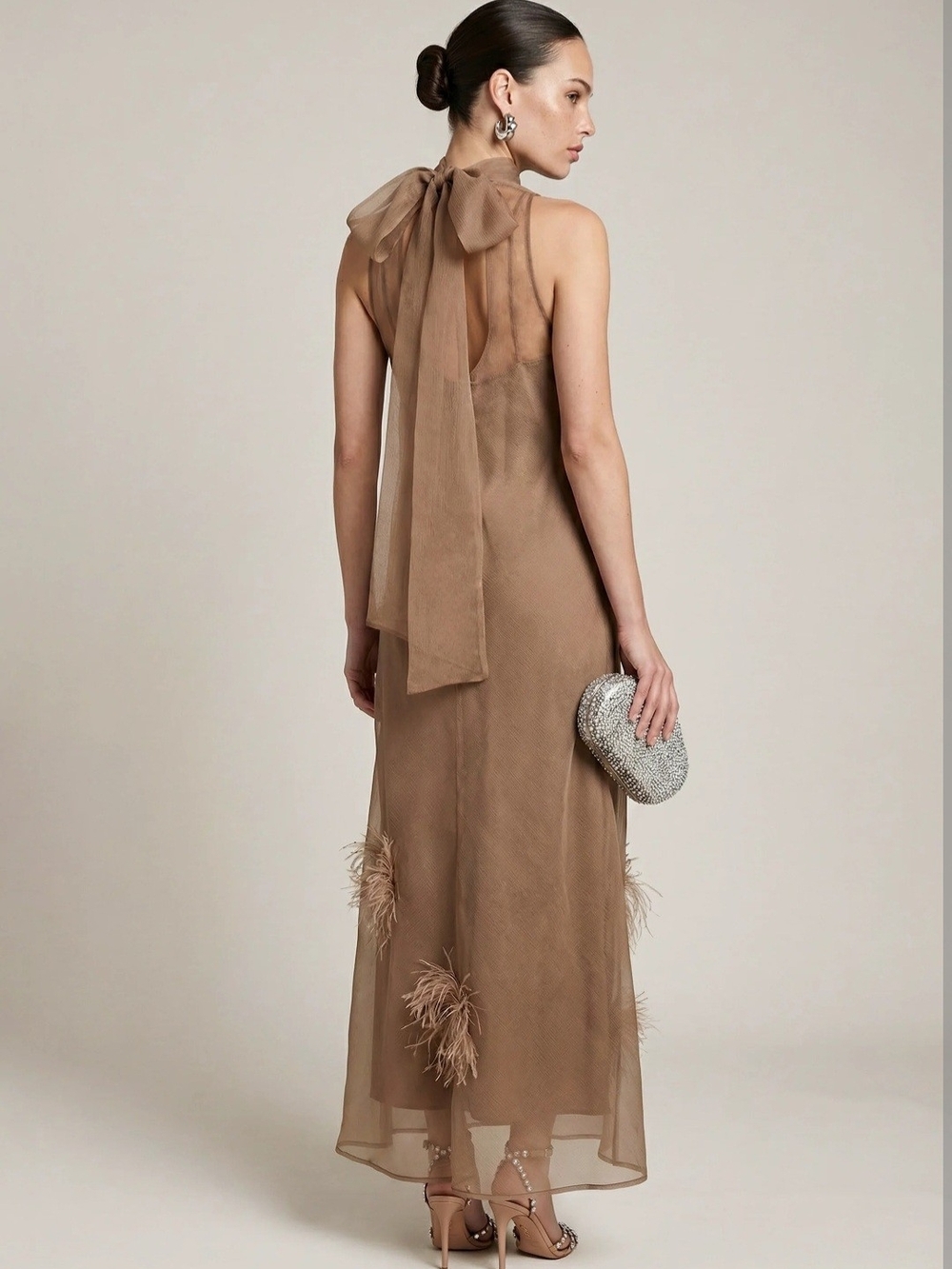 O.P.T. Naia Elegant Oatmeal Feather-Trim Maxi Dress - Picture 4 of 5